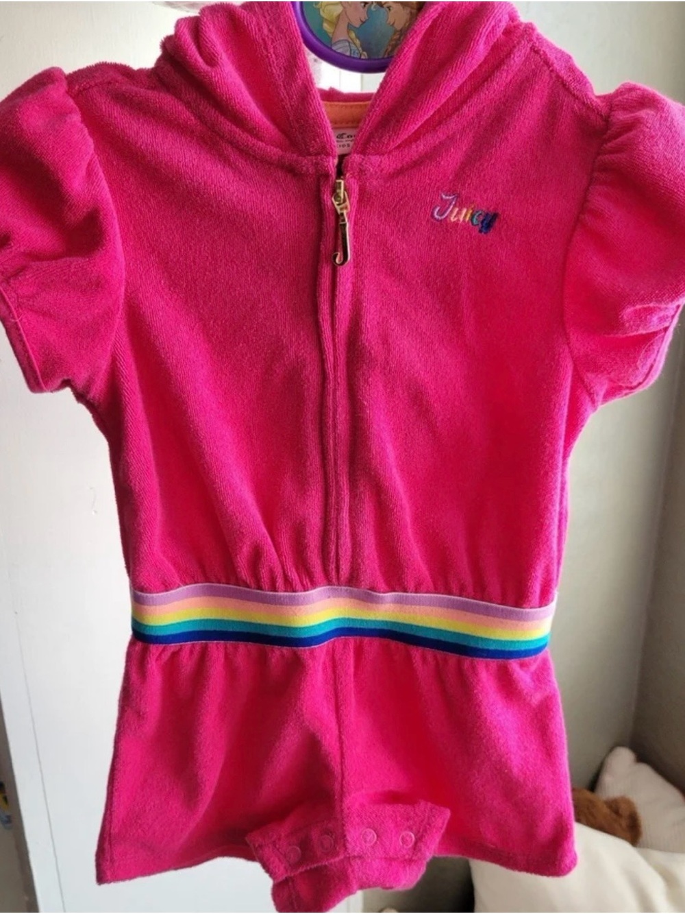 Juicy Couture Bright Pink Hooded Terry Romper with Rainbow Stripe Waist